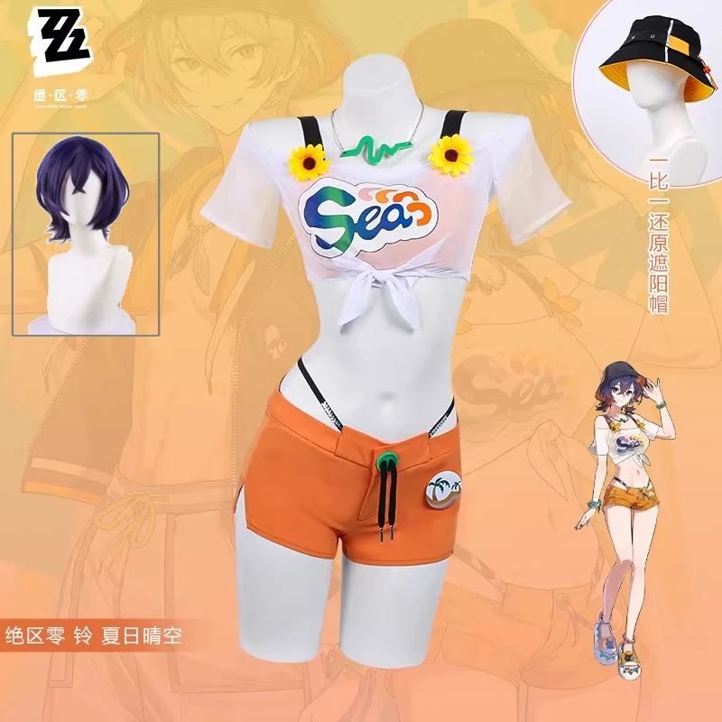 

Orange Yellow Denim Shorts Sheer Mesh Top Swimsuit Cosplay Costume Zenless Zone Zero Belle Summer Skies Full Set Halloween