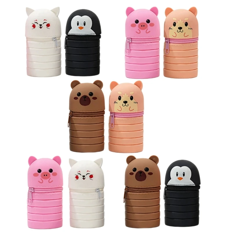 2Pcs Cartoon Pen Case Telescoping Pen Bag Zippered Silicone Pen Pouches Pencil Case Standing up Pen Holder for Student 896C