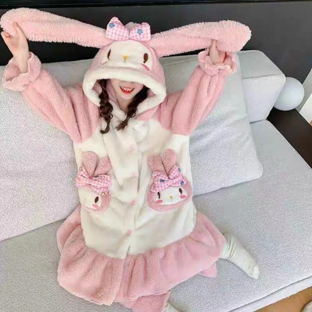 Cute My Melody Kids Plush Pajamas Robe Pants Anime Winter Cartoon Girls Pink Coral Fleece Warm Thicken Hooded Kawaii Home Wear