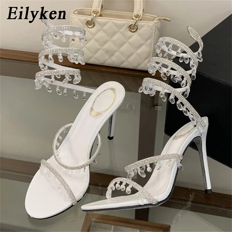 Eilyken Fashion Elegant Crystal Diamond Pendant Women Sandals Street Style Thin High Heels Ankle Strap Banquet Shoes