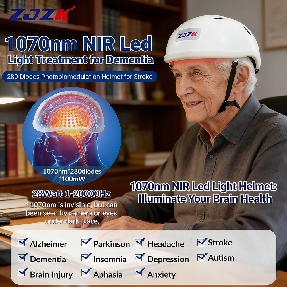 ZJZK Deep Penetration 1070nm Near Infrared Helmet PBM Light Therapy for Parkinson's Brain Cell Repair 40Hz Neuromodulation