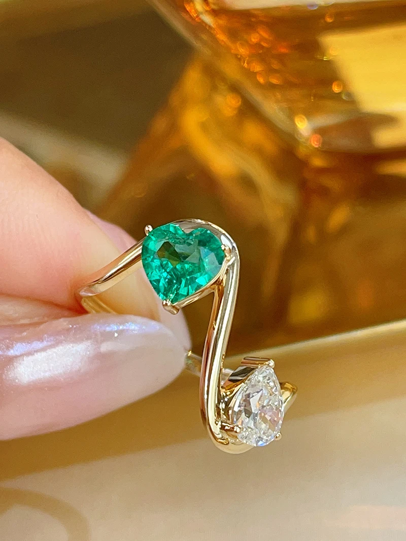 KUGG 100% 18K White/Yellow Gold Rings Romantic Style Shiny Diamond Heart Shape Real Natural Emerald Ring for Women Fine Jewelry
