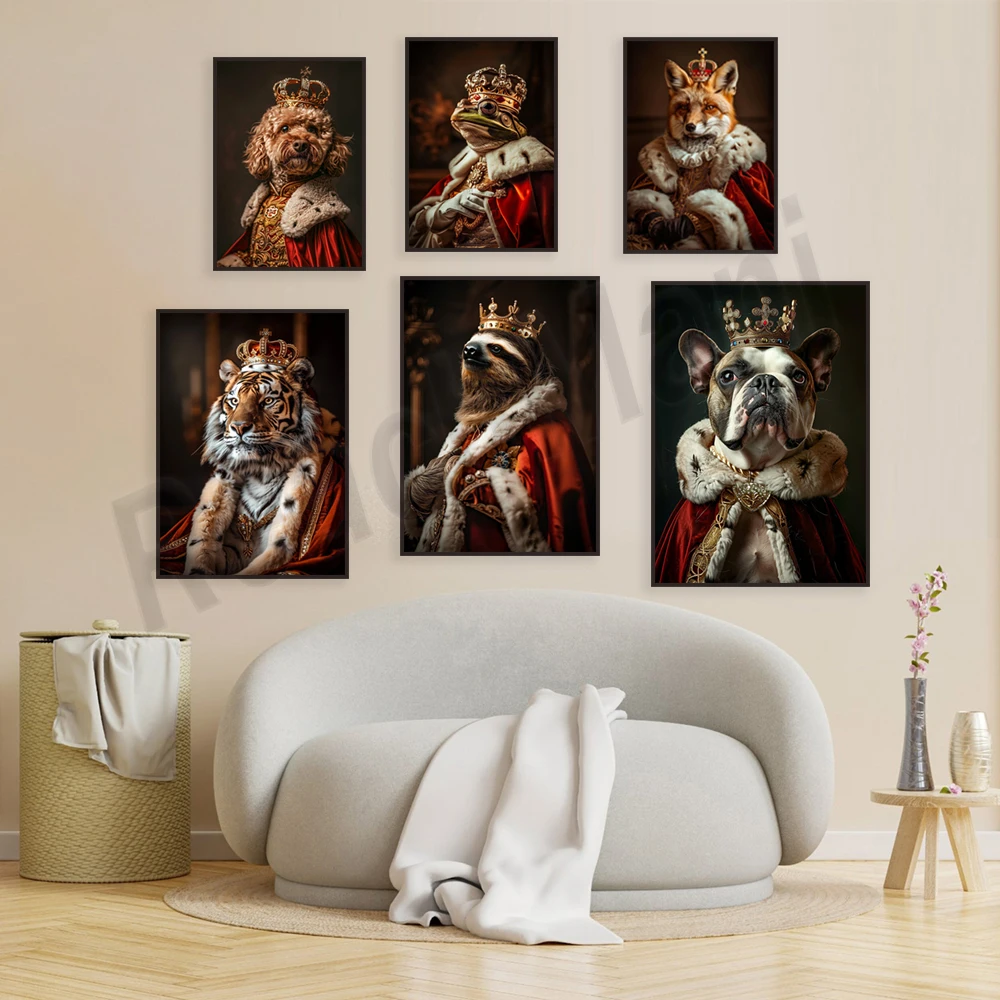 Royal animals bulldog, tiger, frog, lion, fox, cocker spaniel king renaissance animal portraits, vintage crown decoration poster