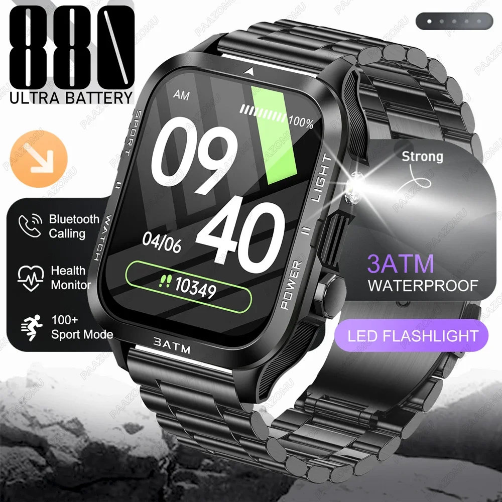 

Smartwatch 3ATM Waterproof 1.96''HD Screen BT Call Health Monitor Flashlight 880MAH Battery Sports Smart Watch For Android iOS