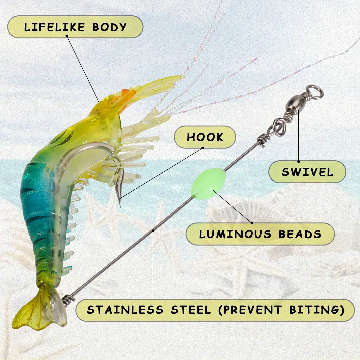 Sougayilang Soft Fishing Luminous Shrimp Lure 7 Colors 1pc with Hook Swivel Beads Artificial Silicone Glow Fishing  Accessory image 3