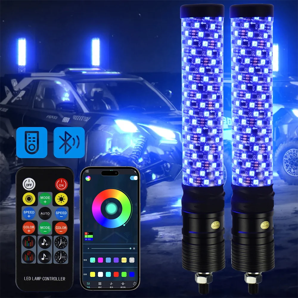 1FT RGB Whip Lights RF Remote Control Spiral Led Chasing Whip Light for Can-Am UTV ATV RZR Off-Road SxS Sand Dune Buggy Trucks