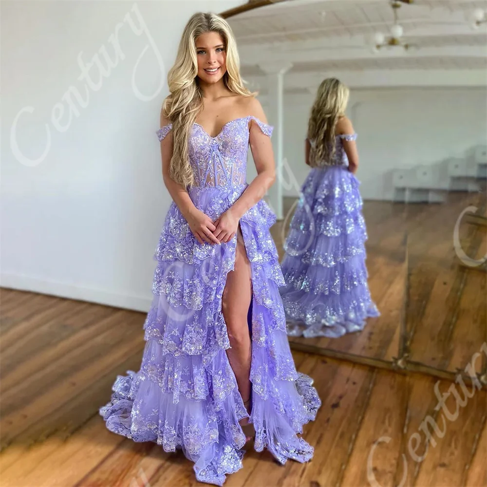 Customized High Slit Sequin Evening Dresses Off-the-Shoulder Formal Party Gowns Tiered Prom Dress For Women Vestidos De Fiesta