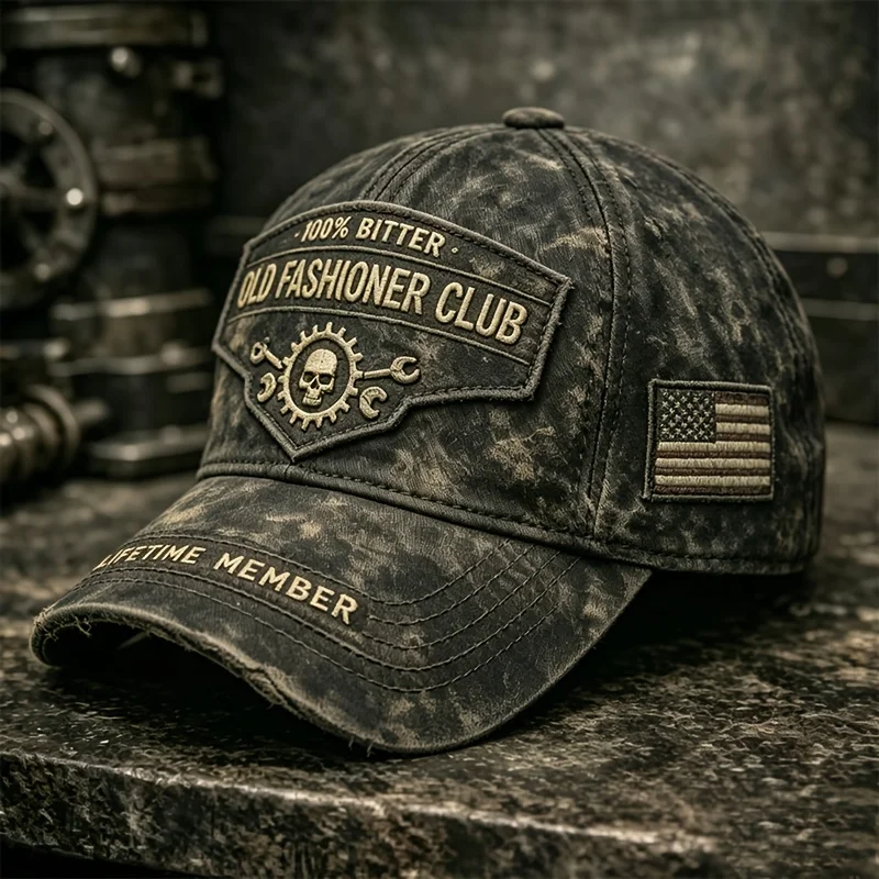 Custom Old Fashioner Club Trucker Hat, 3D Digital Print Skull And Wrench Retro Baseball Cap, Washed Distressed Buckle Cap