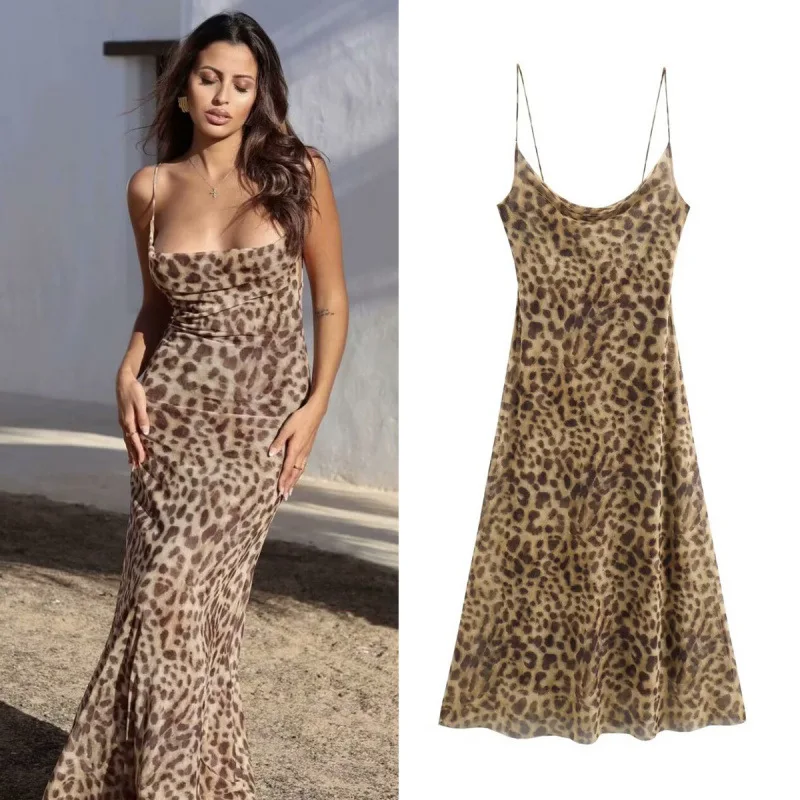 2026 Women Spring Summer Animal Print Mesh Backless Cami Dress Low Figure Flattering Sleeveless Midi Dress Sexy Trendy Ladies