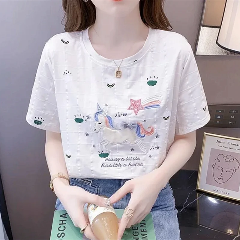 Cute Horse Cartoon Embroidery T-shirt for Women Casual O-neck Loose Summer Graphic T Shirts Japanese Y2K Tops White Short Sleeve