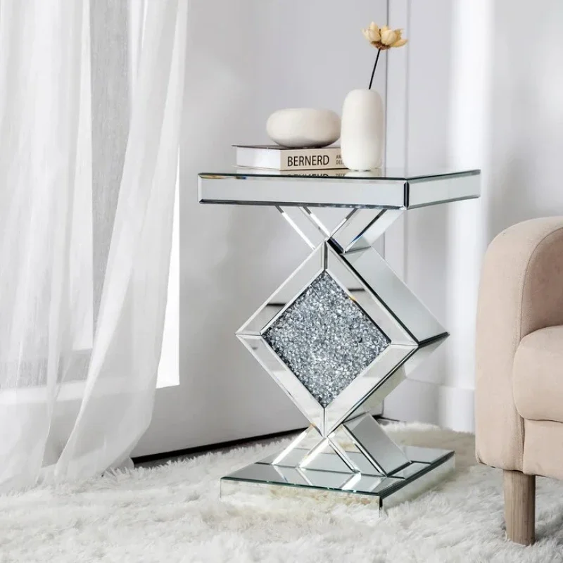 Exquisite Diamond-shaped Design Smart Side Table Crystal Glass Mirrored End Table Modern Contemporary