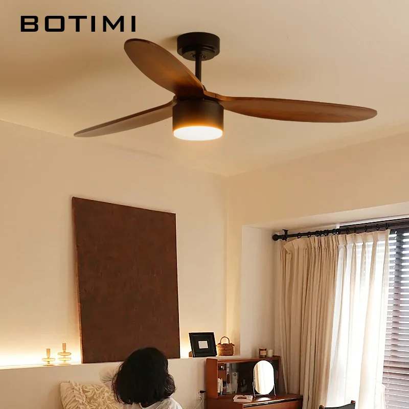 BOTIMI 42 52 Inch Ceiling Fan With Lights For Foyer Remote Control Reverse Function Bedroom Wooden Cooling Dining LED Fan Lamp