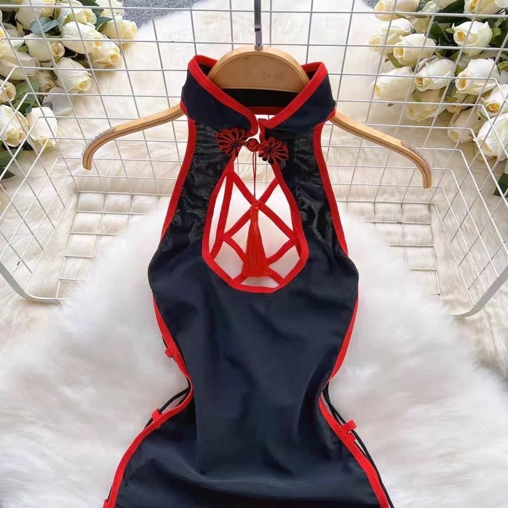 الصينية ضئيلة شيونغسام مثير أكمام الحسية الجوف خارج شرابة عارية الذراعين مطبوعة فستان قصير Hotsweet ملابس نوم بيجامة أنيقة #4