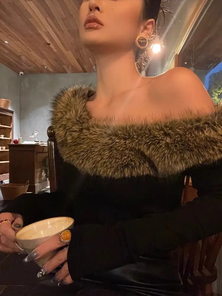 الأمريكية Gyaru Acubi Alt الجرونج تونك مثير قبالة الكتف المحاصيل الأعلى Ropa De Mujer القوطية Y2k تي شيرت جرافيك الفراء الرقبة المحملة