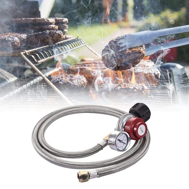 0-30 Psi Propane Regulator High Pressure Gas Regulator Adjustable Braided 3/8 Inch Flare Swivel Nut Hose Connector With Gauge Fo