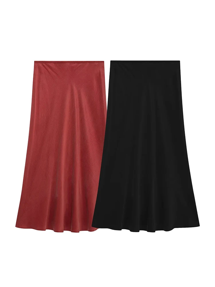 ZHUISHU Women Fashion Chic Satin Midi Skirt Female Solid Mid-Waist Skirts Ladies Casual Streetwear