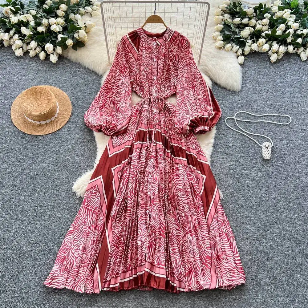 ชุดเดรสยาวสไตล์เกาหลี โบฮีเมียน แฟชั่นผู้หญิง ลายพิมพ์หลวมๆ ผูกเชือก ทรงเข้ารูป กระดุมแถวเดียว ดีไซน์หรูหรา สไตล์วินเทจ