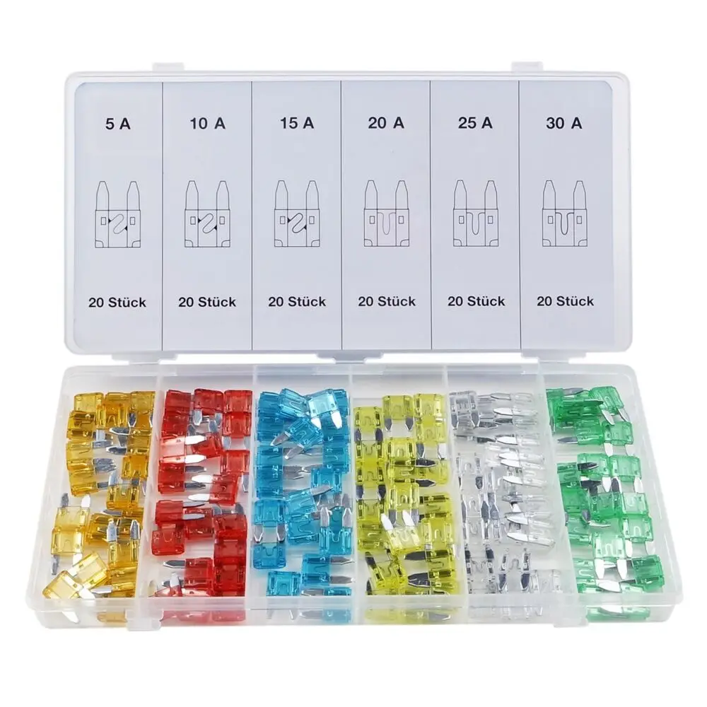 120PCS 11mm Boxed Small Aluminum Fuse 5/10/15/20/25/30AMP Plug-in Fuse Flat Fuse10 Compartments 6 Sizes Boxed Set