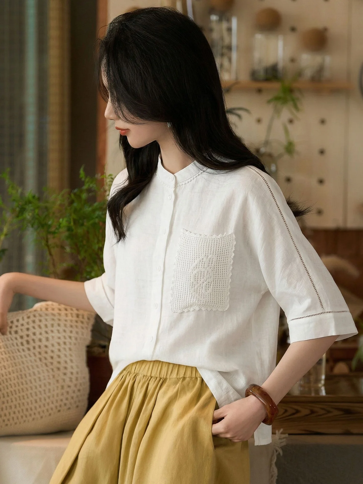 

Элегантная белая льняная рубашка с воротником-стойкой свободного кроя для женщин, стройнящая, универсальная, модная летняя рубашка от Chivirin