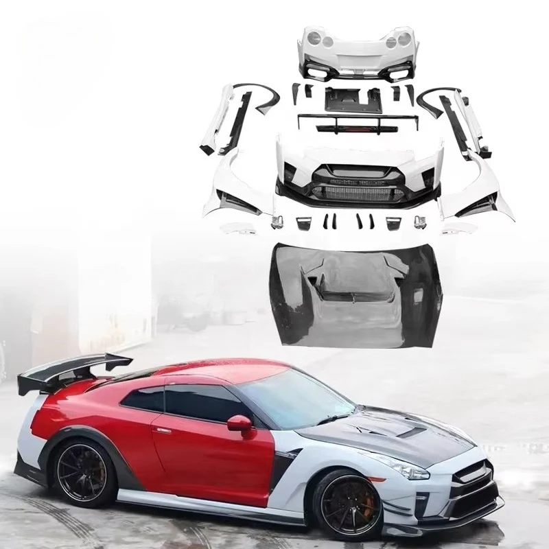 For Nissan GTR R35 Upgrade Vari Style Body Kits Car Bumper Assembly Rear Under Guard Front Fenders Widebody Kit CF+FRP Material