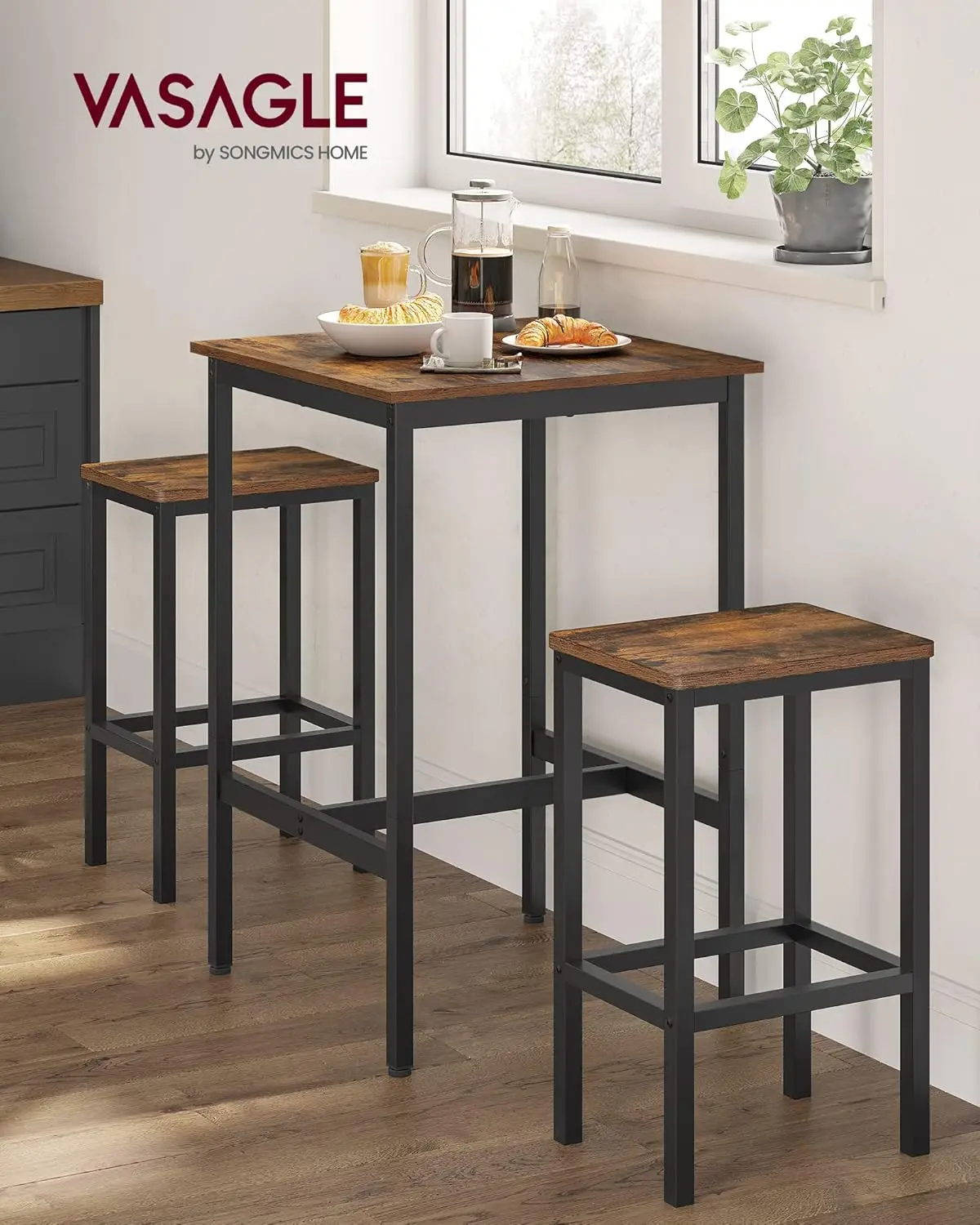 VASAGLE Table and Chairs Set, Square Table with 2 Bar Stools, Dining Pub Table Set for 2, Space Saving for Kitchen