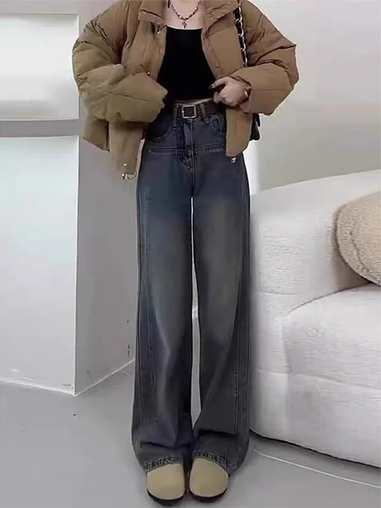 

High Waist Wide Leg Jeans Women's Loose Fit Straight Cut Denim Pants Autumn Winter plus Size Pear Shape Body Slimming Trousers