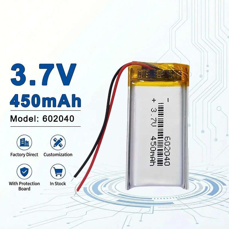 

Аккумулятор LiPo 602040 3.7V 450mAh с высокой плотностью энергии для носимых устройств и мини-электроники, прямые поставки с завода (аналоги 602050, 602248)