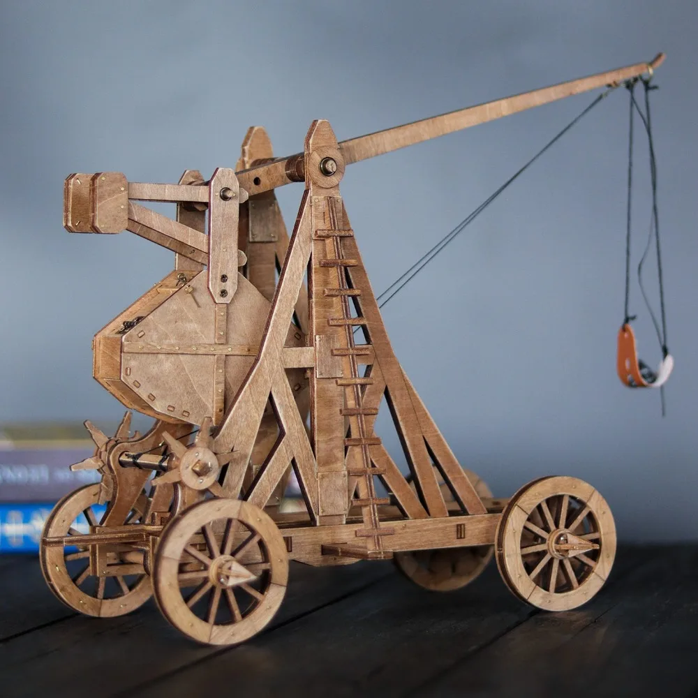 1:48 DIY Ancient Four-Wheel Counterweight Catapult Model Siege Car Wooden 3D Puzzle Ancient War Chariot Need Assembly