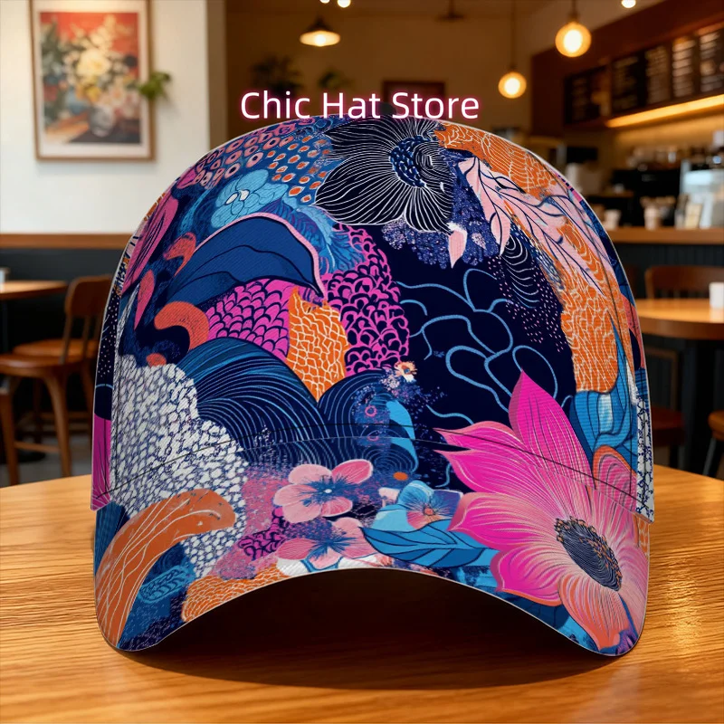 1pc Colorful Floral Abstract Design Print Classic Baseball Cap - Lightweight Polyester Duckbill Hat, Adjustable Design, Perfect