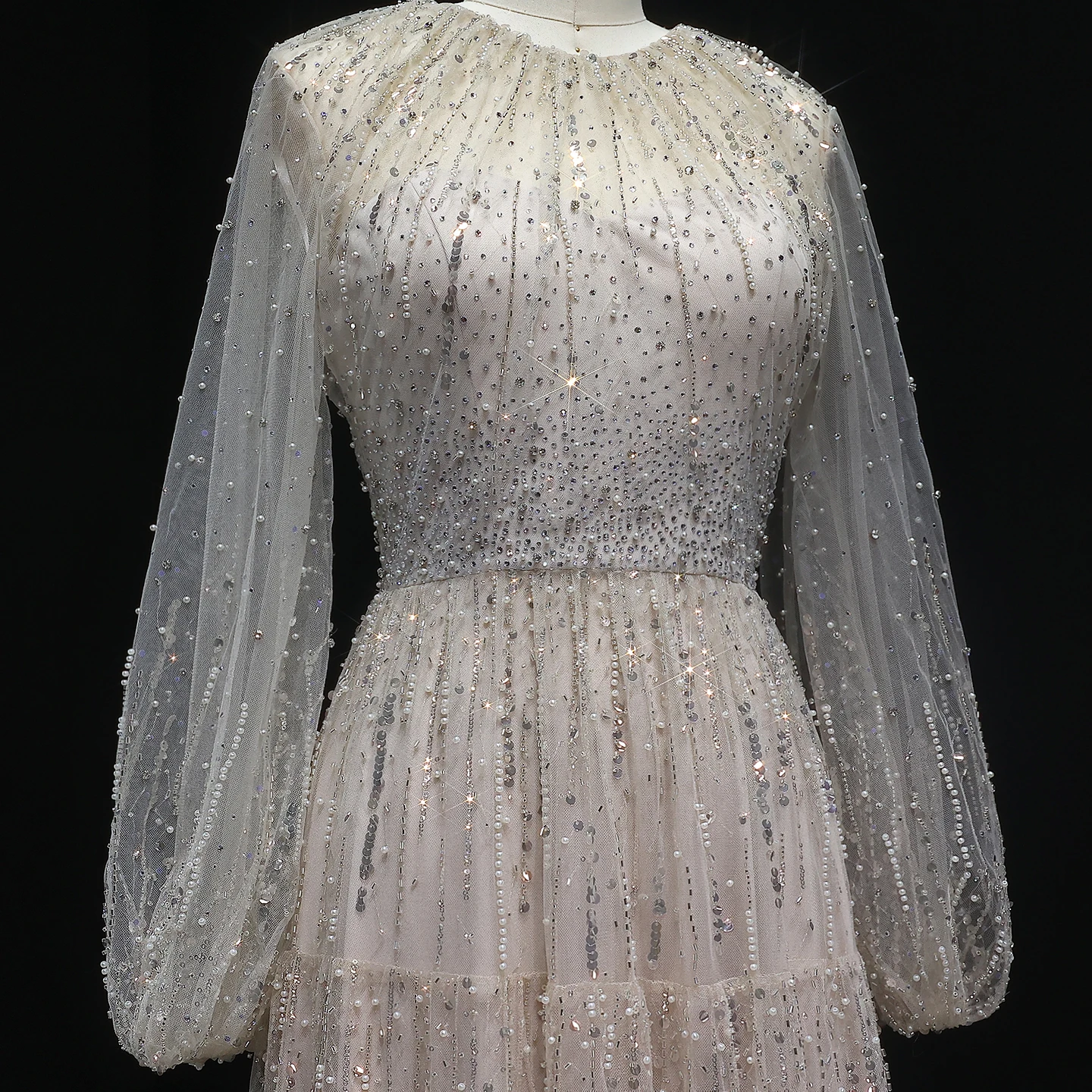 Sharon Said-vestidos de noche de manga larga, color Beige, de lujo, con volantes, vestidos formales con cuentas negras para mujer, boda SS514 personalizado