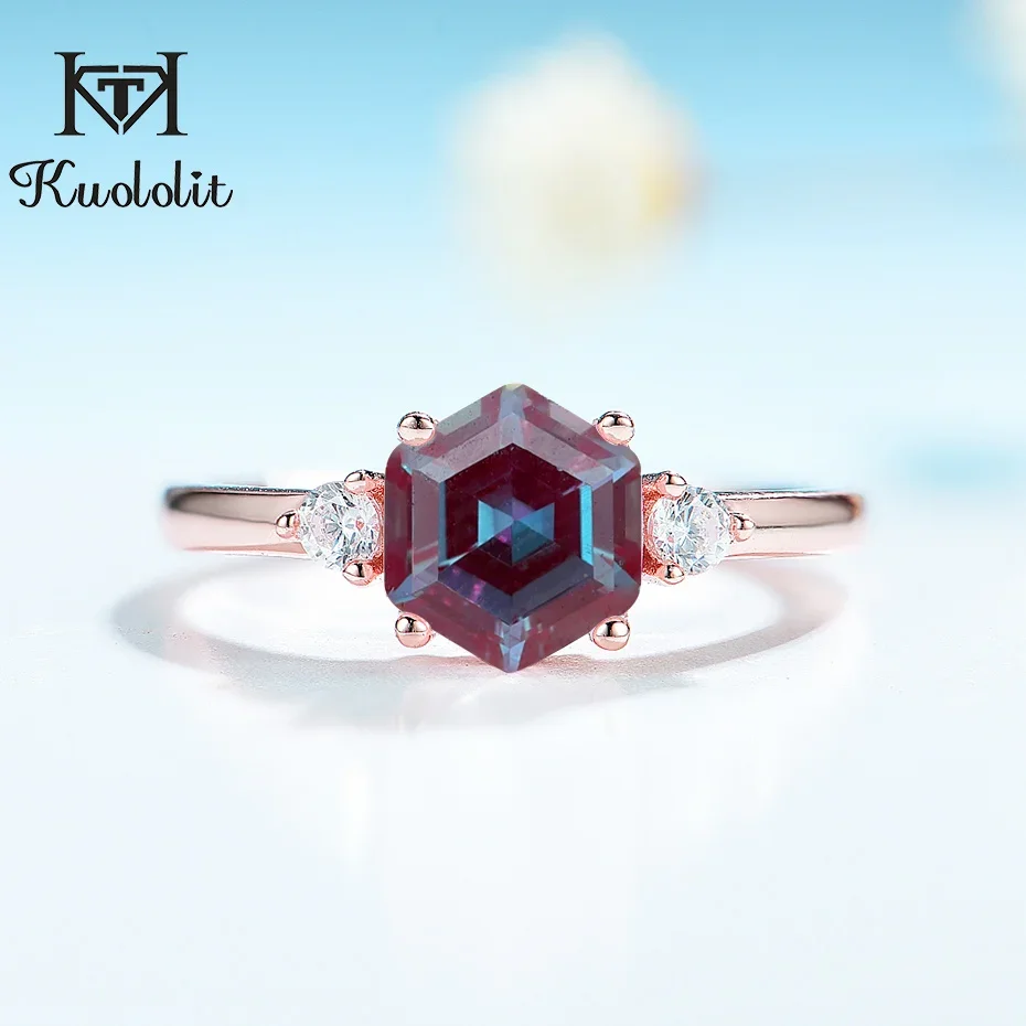 Kuololit 2CT lab grown Alexandrite Gemstone Ring for Women 925 Sterling Silver 585 rose gold hexagon Luxury Ring Fine jewerely