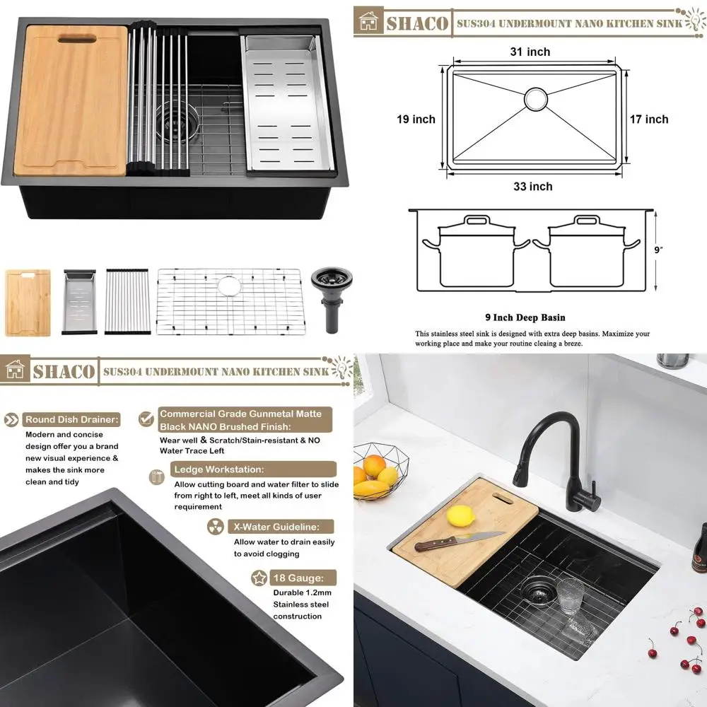 

Stainless Steel 33 Inch Single Bowl Kitchen Sink - Undermount, Gunmetal Black, Workstation Basin Wet Prep