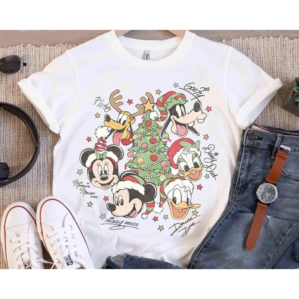 Disney mickey e amigos árvore de natal camisa mickey feliz natal festa camiseta, algodão unissex y2k topo