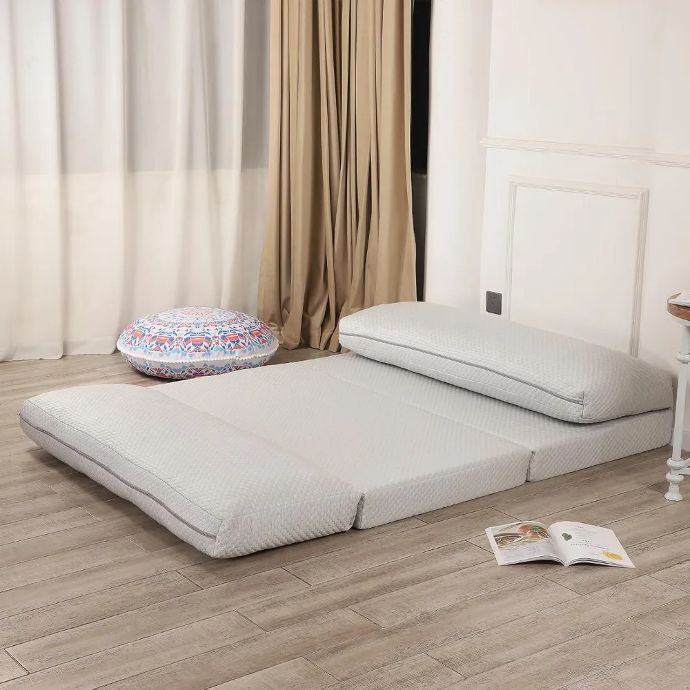 Kasur Sofa tempat tidur, kasur lantai lipat penuh untuk tidur panas dengan penutup dapat dicuci, abu-abu muda, 54x95 inci