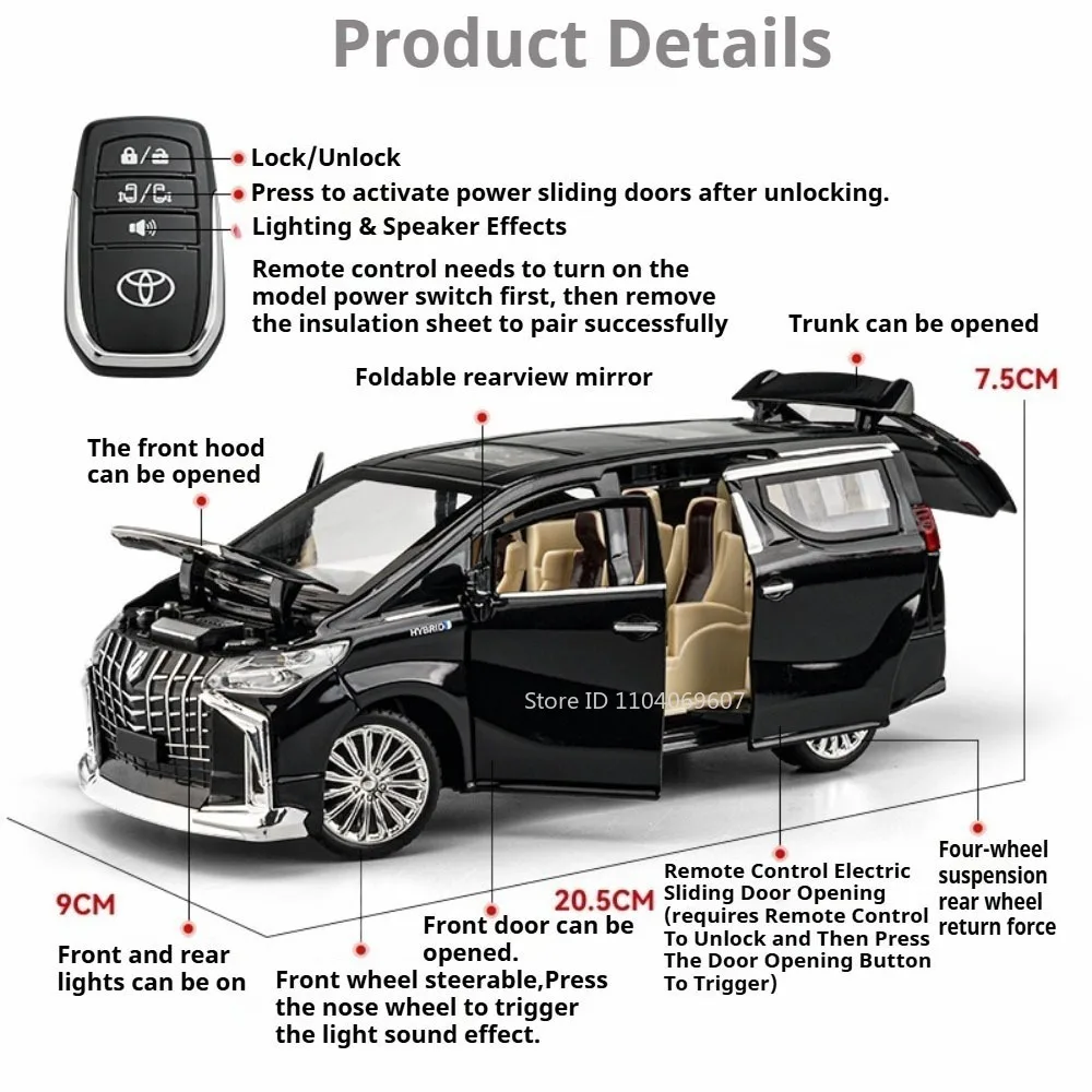 1:24 Alphard VS680 Model Car Toys Alloy Diecast Shock Absorption Pull Back Sound Light Exquisite Interior for Kids Edutainment