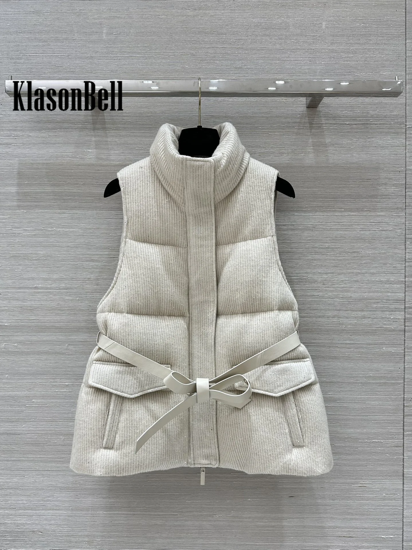 9.9 KlasonBell Women Stand Collar Wool Goose Down Vest With Real Leather Sashes Classic Sequins Cashmere Knit Down Zipper Vest