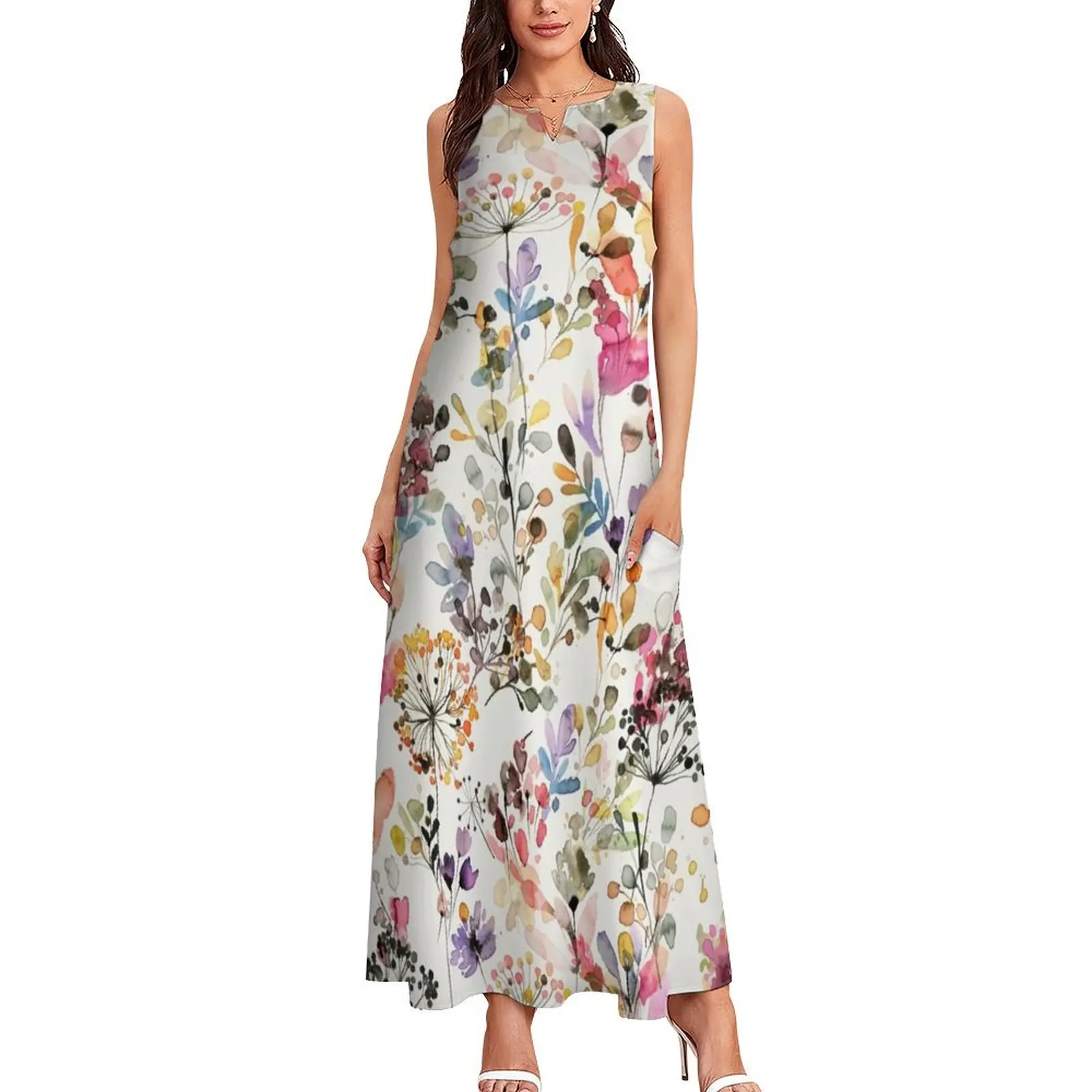 Wild Flowers and Plants Watercolor - Wild Nature Botanical Print Long Dress Casual dresses women clothes Dress