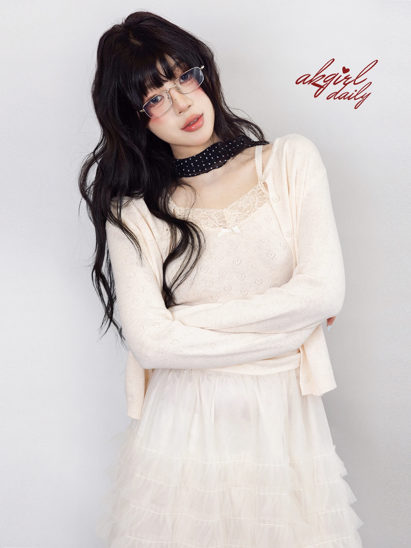 

AK11STUDIO Gentle Style Spring Summer New Lace Hook Knitted Cardigan Two-Piece Set Women's Cotton Long Sleeve Button up