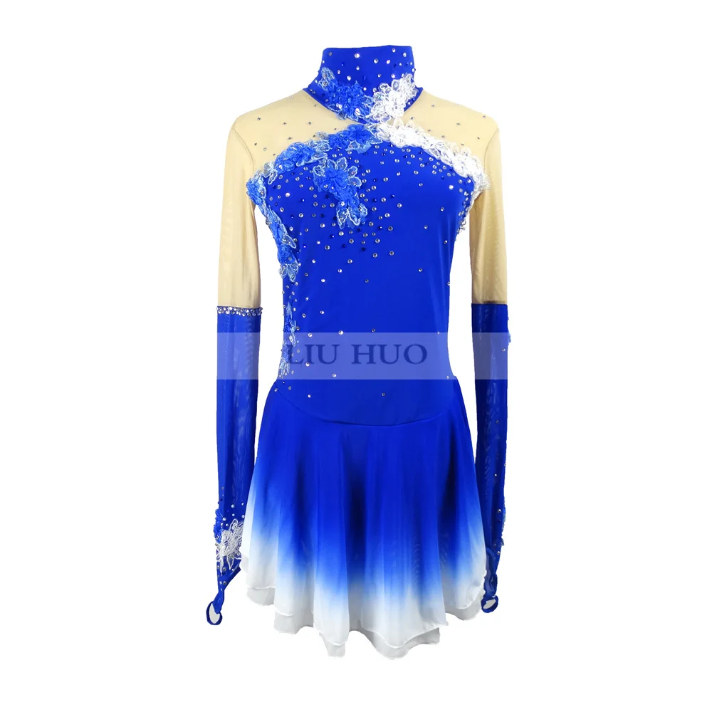 LIUHUO Ice Figure Skating Dress Women Girl Competition Long Sleeve Blue Standing Collar Flowers Ballet Roller Costume Leotard