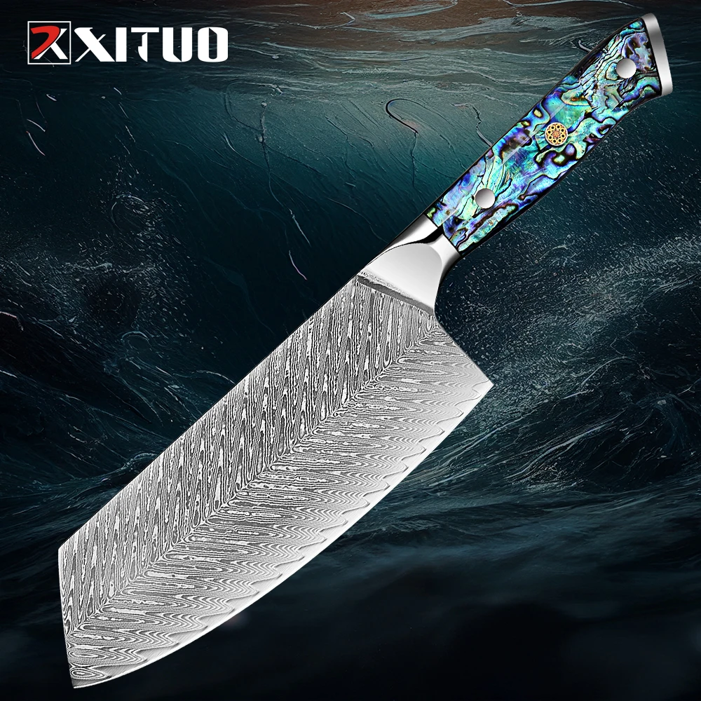 7 inch Sharp Cleaver Knife Japanese VG10 Damascus Steel Chinese Chef's Knife for Meat and Vegetable Abalone Shell Acrylic Handle