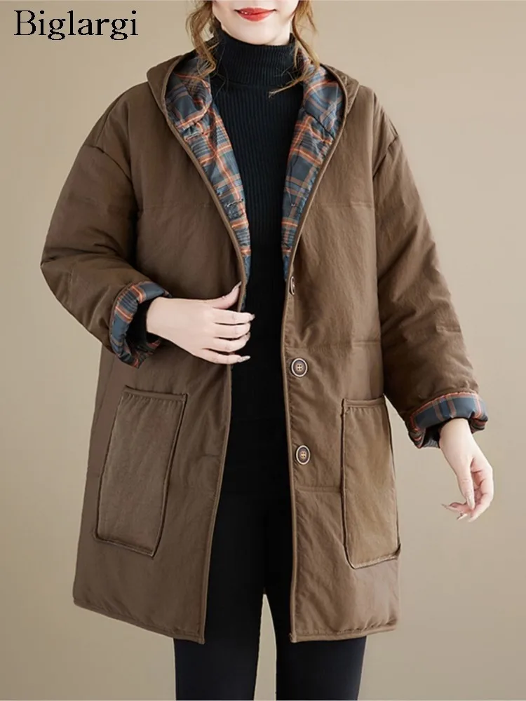 

Oversized Autumn Winter Jacket Coat Women Casual Loose Hoodies Long Coats Ladies Jackets Fashion Plaid Print Woman Outwear Coat