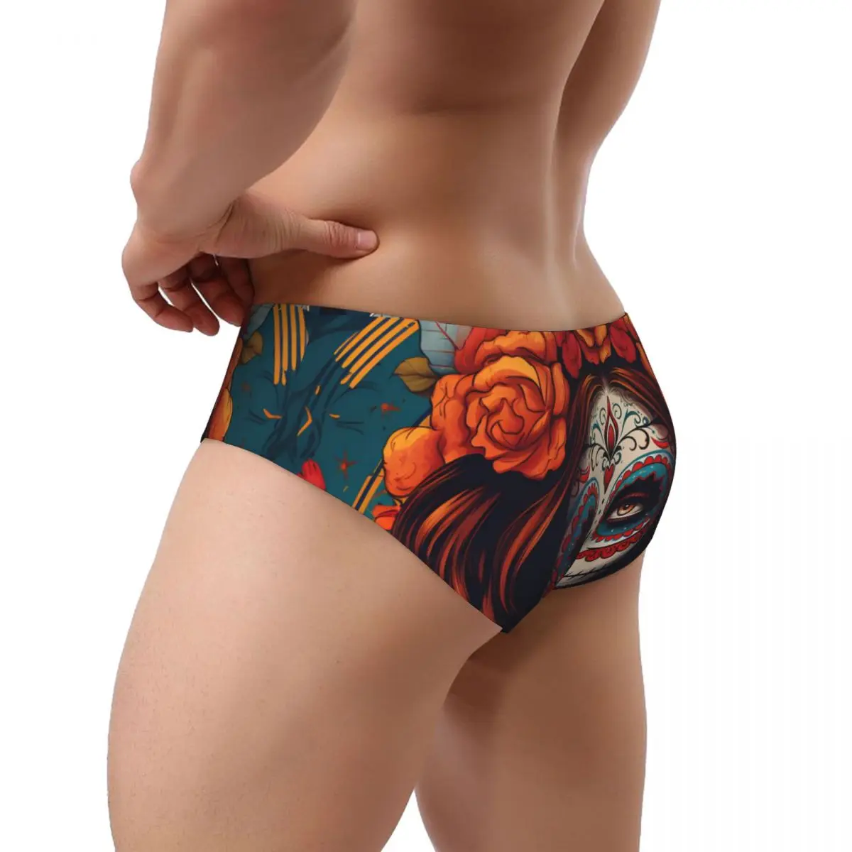 Calças triangulares masculinas flores crânio mexicano calavera homem roupa interior sexy briefs respirável suor confortável calcinha