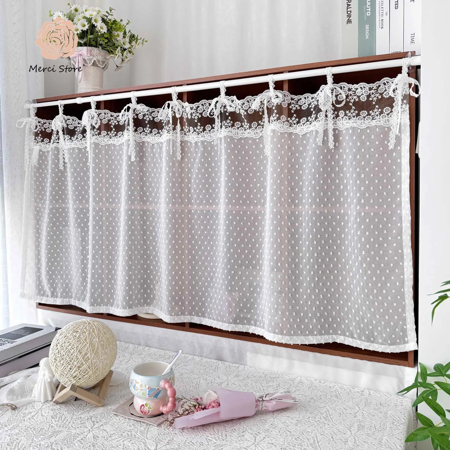 

Dainty White Sheer Short Curtain Window Valance with Cute Polka Dot Pattern and Elegant Lace Tie-ups for Windows Door Home Decor