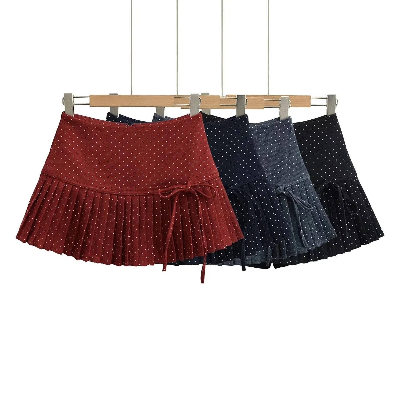

lace-up bow polka dot high waist slim pleated skirt women