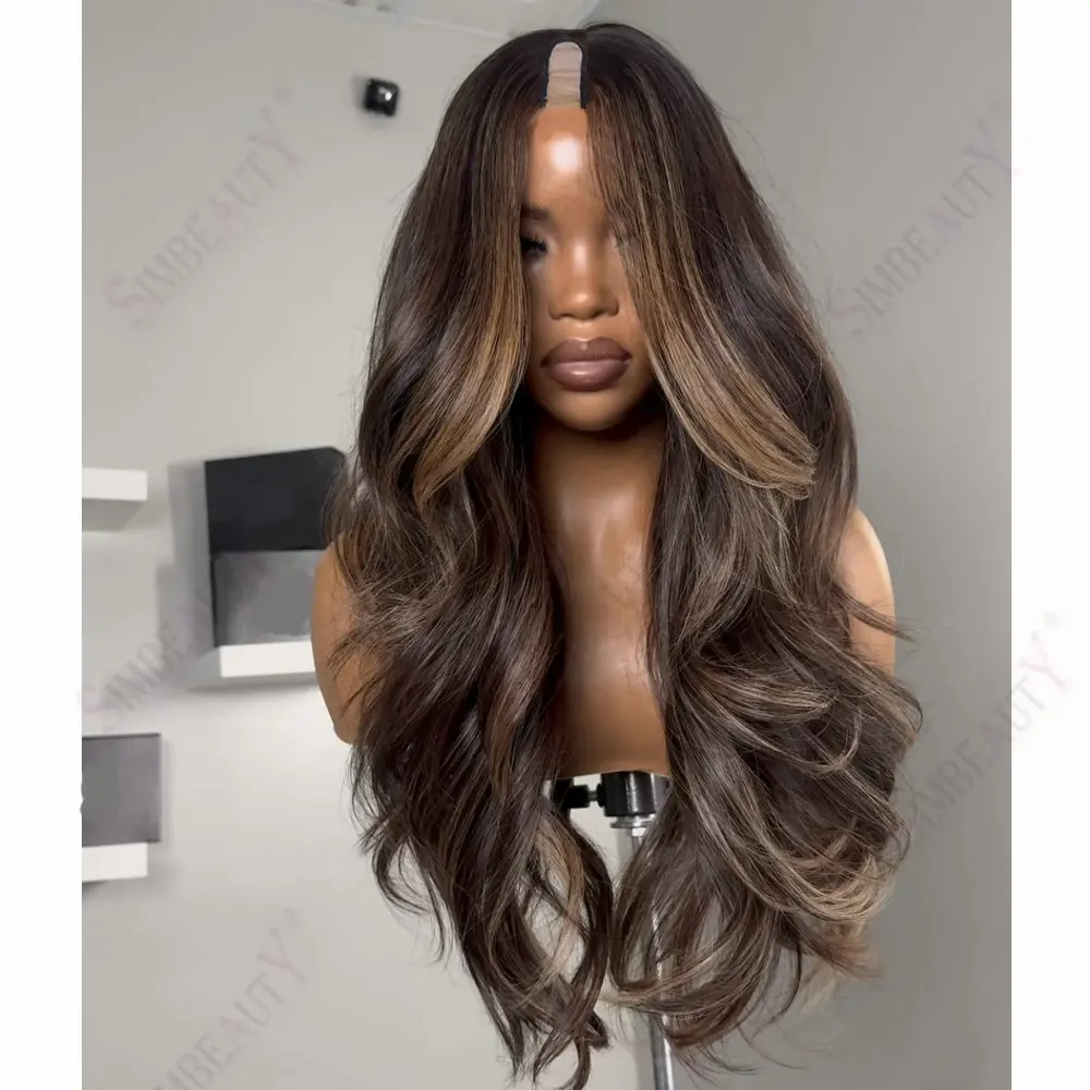Highlights Honigblond 1X4 Größe U/V-Teilperücken Unverarbeitetes Echthaar Lange Lose Wellenförmige Klebefreie Vollmaschinell Gefertigte Perücke für Schwarze Frauen – Detail 3