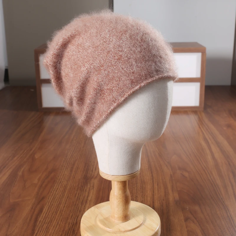 Solid Color Brushed Hat 100% Pure Wool Slouchy Hat Autumn Winter Plush Knitted Warm Women's Cold Hat Long Wool Pullover Hat