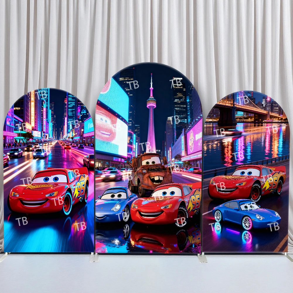 

Disney Cars Arch Backdrop Cover Birthday & Baby Shower Neon City Night Skyline Lights Theme for Kids Party Photo Booth Decor