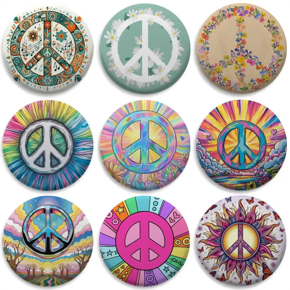 

Peace Sign Flower Oil Art Badges Round Exquisite Badge Brooches Creative Pins For Clothes Hat Backpack Gift Accessories