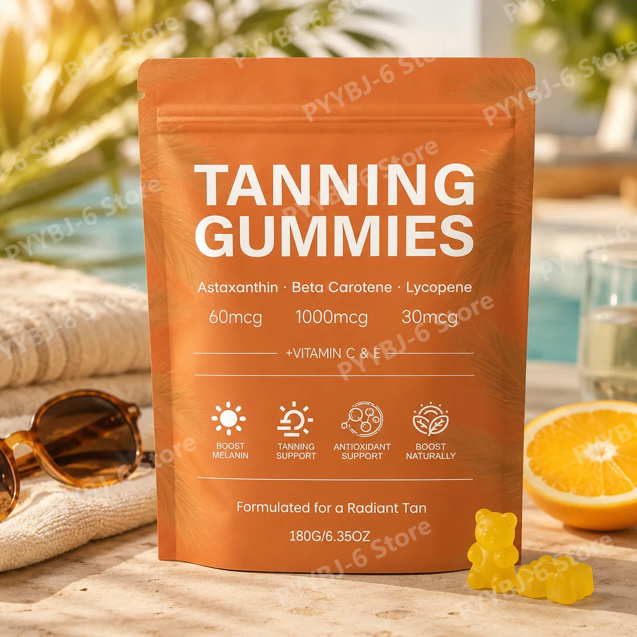 Tanning Gummies with Radiant Glow and Melanin Nutrition Support, Antioxidant Vitamins C & E, L-Tyrosine, Lycopene, 60 Gummies