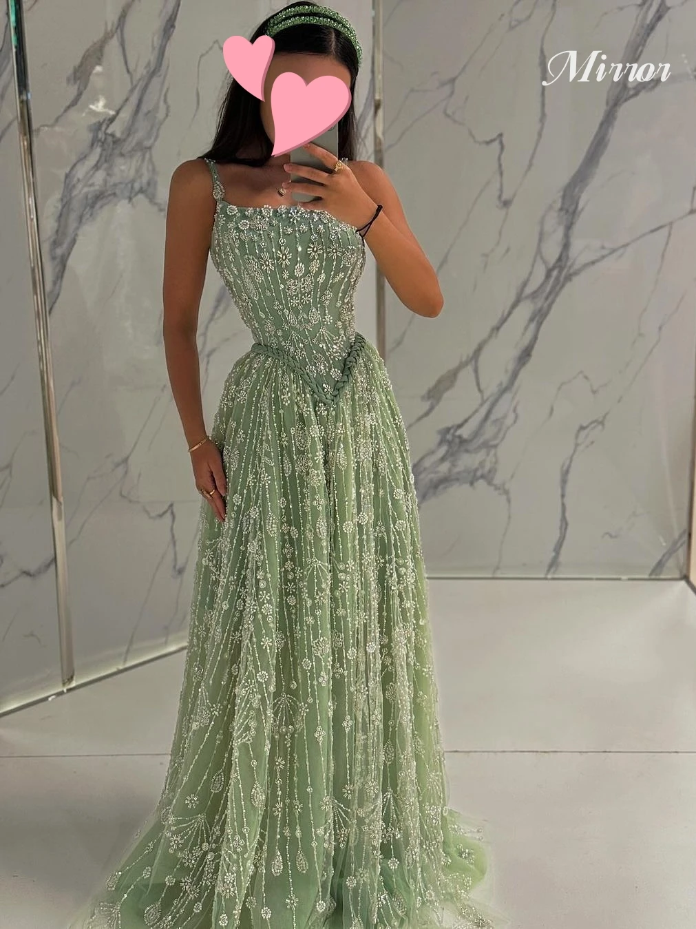 Spiegelkleid, elegant, Vintage, süße grüne Perlen, Spitze, Frühling, A-Linie, individuell gestaltet, für formelle Anlässe, Abschlussballkleid, Abendparty-Kleider